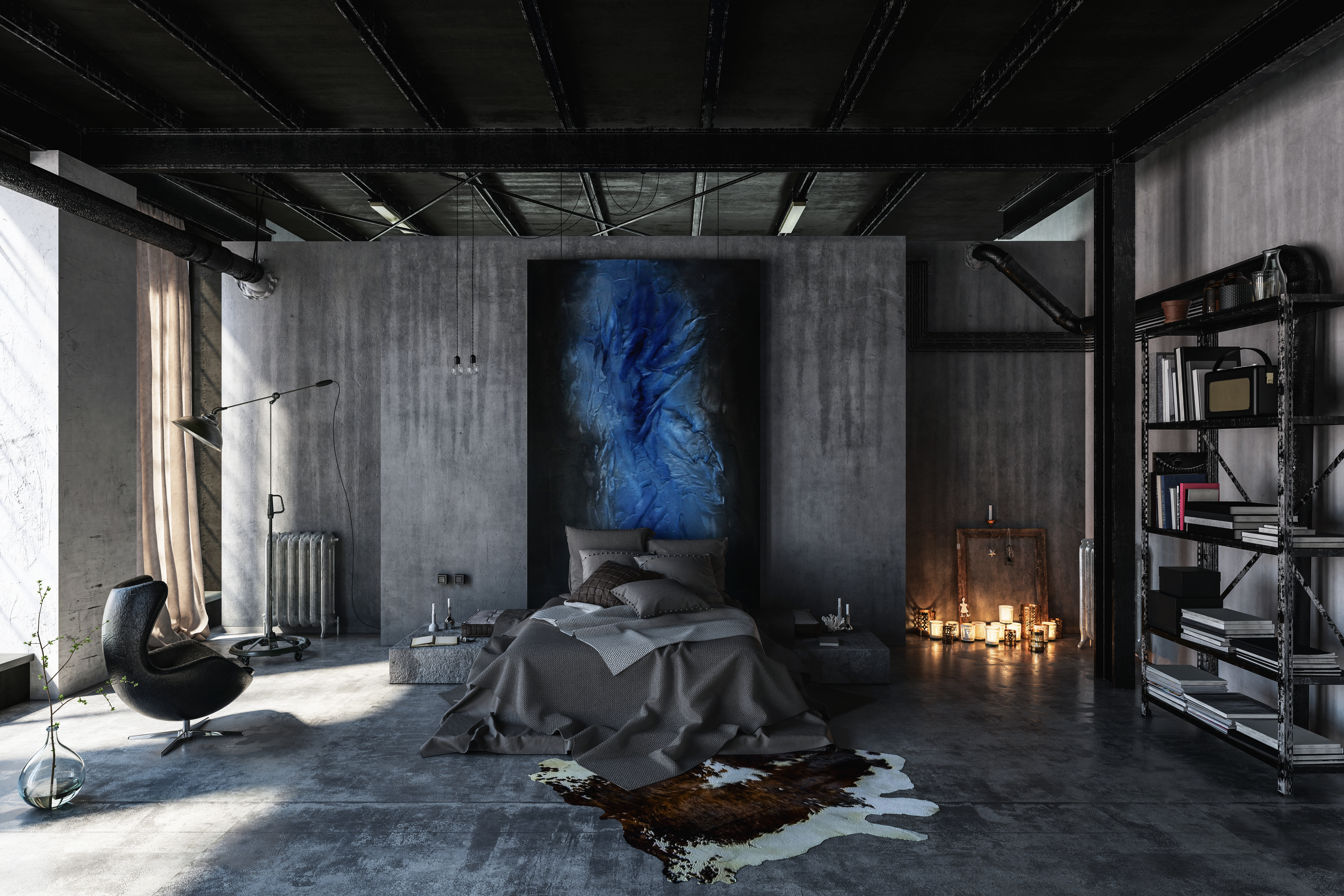 Grey, Black and Blue Bedroom