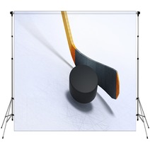 3d Illustration Of Hockey Stick And Floating Puck On The Ice Backdrops 126911449