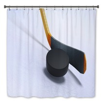 3d Illustration Of Hockey Stick And Floating Puck On The Ice Bath Decor 126911449