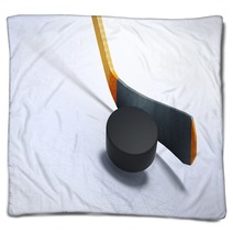 3d Illustration Of Hockey Stick And Floating Puck On The Ice Blankets 126911449