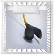 3d Illustration Of Hockey Stick And Floating Puck On The Ice Nursery Decor 126911449