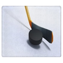 3d Illustration Of Hockey Stick And Floating Puck On The Ice Rugs 126911449