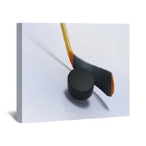 3d Illustration Of Hockey Stick And Floating Puck On The Ice Wall Art 126911449
