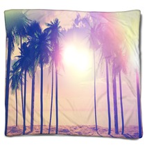 3d Palm Trees And Ocean With Vintage Effect Blankets 82609546