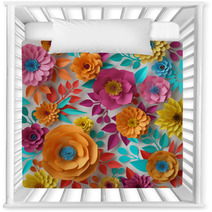 3d Render Digital Illustration Colorful Paper Flowers Wallpaper Spring Summer Background Floral Bouquet Isolated On White Vibrant Colors Mint Pink Orange Yellow Nursery Decor 149270290