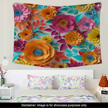3d Render Digital Illustration Colorful Paper Flowers Wallpaper Spring Summer Background Floral Bouquet Isolated On White Vibrant Colors Mint Pink Orange Yellow Wall Art 149270290