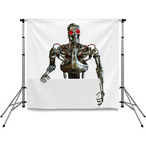 3D Render Of A Chrome Robot With The Edge Of A Blank Sign. Backdrops 9145095