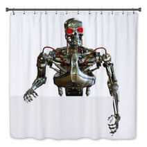 3D Render Of A Chrome Robot With The Edge Of A Blank Sign. Bath Decor 9145095