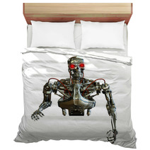 3D Render Of A Chrome Robot With The Edge Of A Blank Sign. Bedding 9145095