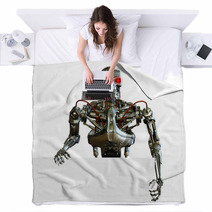 3D Render Of A Chrome Robot With The Edge Of A Blank Sign. Blankets 9145095