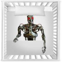3D Render Of A Chrome Robot With The Edge Of A Blank Sign. Nursery Decor 9145095