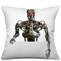 3D Render Of A Chrome Robot With The Edge Of A Blank Sign. Pillows 9145095