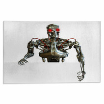 3D Render Of A Chrome Robot With The Edge Of A Blank Sign. Rugs 9145095