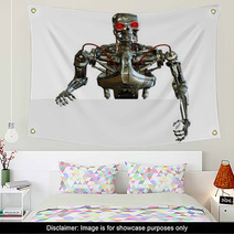 3D Render Of A Chrome Robot With The Edge Of A Blank Sign. Wall Art 9145095