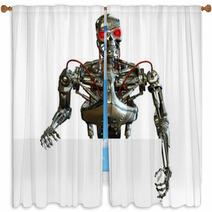 3D Render Of A Chrome Robot With The Edge Of A Blank Sign. Window Curtains 9145095