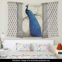 3d Wallpaper Columns Peacock And Effect Of Quilted Leather Wall Art 228859958