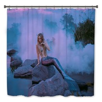 A Beautiful Mermaid Is Sitting On The Rock In The Purple Fog Bath Decor 217907479