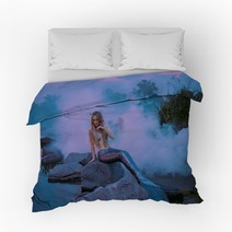 A Beautiful Mermaid Is Sitting On The Rock In The Purple Fog Bedding 217907479