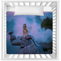 A Beautiful Mermaid Is Sitting On The Rock In The Purple Fog Nursery Decor 217907479
