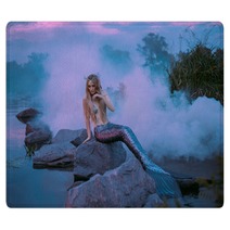 A Beautiful Mermaid Is Sitting On The Rock In The Purple Fog Rugs 217907479