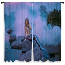 A Beautiful Mermaid Is Sitting On The Rock In The Purple Fog Window Curtains 217907479