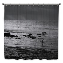 A Black And White Photo Of A Surfer Entering The Water At Golf Course Reef At Mollymook On The South Coast Of New South Wales In Australia Bath Decor 166523475