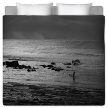 A Black And White Photo Of A Surfer Entering The Water At Golf Course Reef At Mollymook On The South Coast Of New South Wales In Australia Bedding 166523475