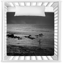 A Black And White Photo Of A Surfer Entering The Water At Golf Course Reef At Mollymook On The South Coast Of New South Wales In Australia Nursery Decor 166523475
