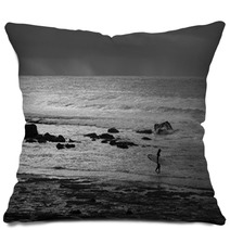 A Black And White Photo Of A Surfer Entering The Water At Golf Course Reef At Mollymook On The South Coast Of New South Wales In Australia Pillows 166523475