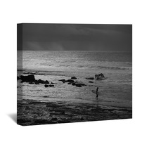 A Black And White Photo Of A Surfer Entering The Water At Golf Course Reef At Mollymook On The South Coast Of New South Wales In Australia Wall Art 166523475