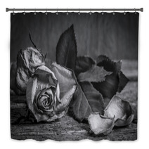 A Black And White Vintage Image Of A Rose On Wooden Table Bath Decor 59417810