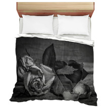 A Black And White Vintage Image Of A Rose On Wooden Table Bedding 59417810