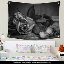 A Black And White Vintage Image Of A Rose On Wooden Table Wall Art 59417810