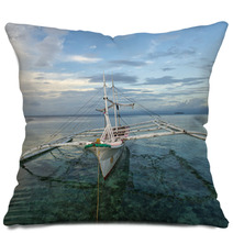 A Boat In A Tropical Paradise Beach Sunrise Pillows 61901284