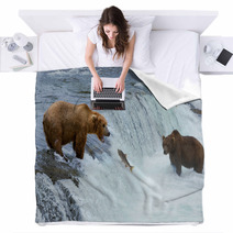 A Brown Grizzly Bear Hunting Salmon At The River Alaska Katmai Blankets 61358999