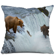 A Brown Grizzly Bear Hunting Salmon At The River Alaska Katmai Pillows 61358999