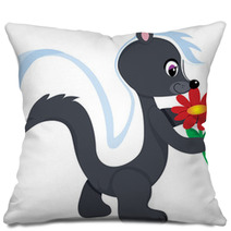 A Cute Little Skunk Holding A Red Flower. Pillows 9710562
