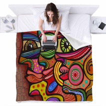 A Digitally Painted Illustration Of A Group Of Faces Drawn In A Colorful Folk Art Style Blankets 104093937