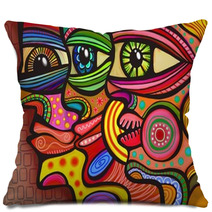 A Digitally Painted Illustration Of A Group Of Faces Drawn In A Colorful Folk Art Style Pillows 104093937