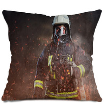 A Firefighter Dressed In A Uniform In A Studio Pillows 192482883