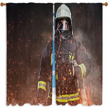 A Firefighter Dressed In A Uniform In A Studio Window Curtains 192482883