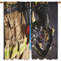 A Firefighter Holding An Oxygen Mask Window Curtains 134425386