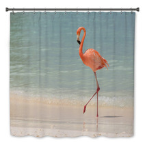 A Flamingo Walking On A Tropical Beach Bath Decor 181298417