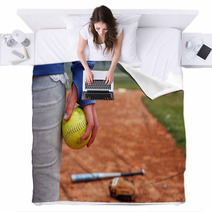 A Girl And Her Softball, Glove, And Bat Blankets 3425867