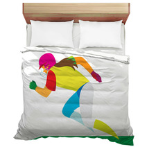 A Girl Is Softball Player Running Fast On The Playing Field Bedding 129889224