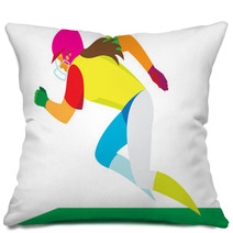A Girl Is Softball Player Running Fast On The Playing Field Pillows 129889224
