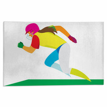 A Girl Is Softball Player Running Fast On The Playing Field Rugs 129889224