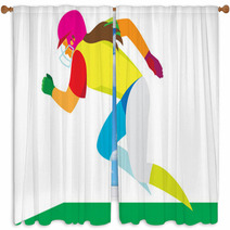 A Girl Is Softball Player Running Fast On The Playing Field Window Curtains 129889224