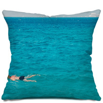 A Man Swims With A Mask Pillows 144065556