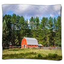 A Red Barn In Countryside Blankets 48140550